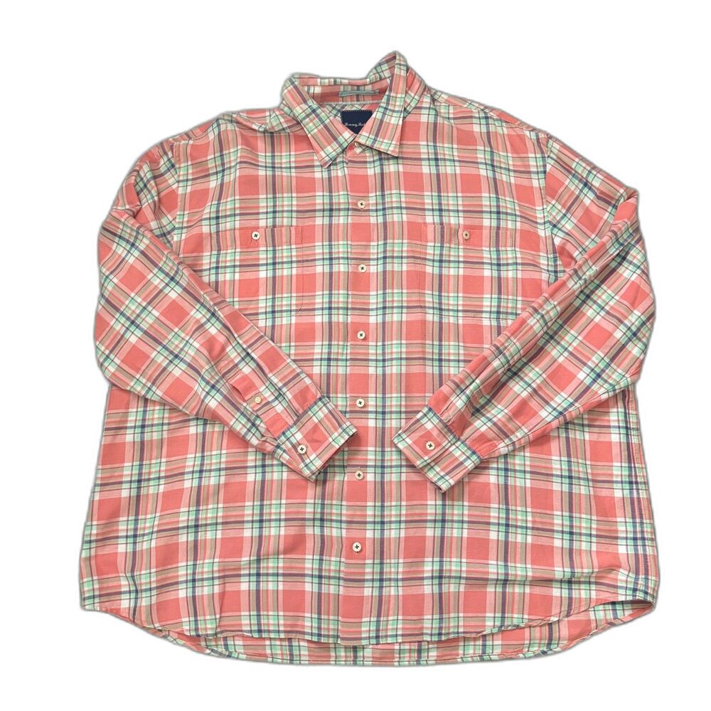 Tommy Bahama Coral Plaid Long Sleeve Button Down Shirt Linen Cotton‎ Size 3XL